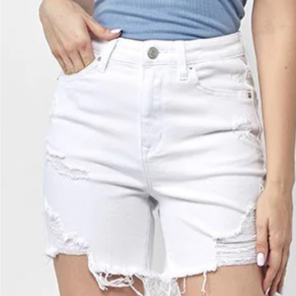 RISEN, White High Waist Distressed Denim Shorts